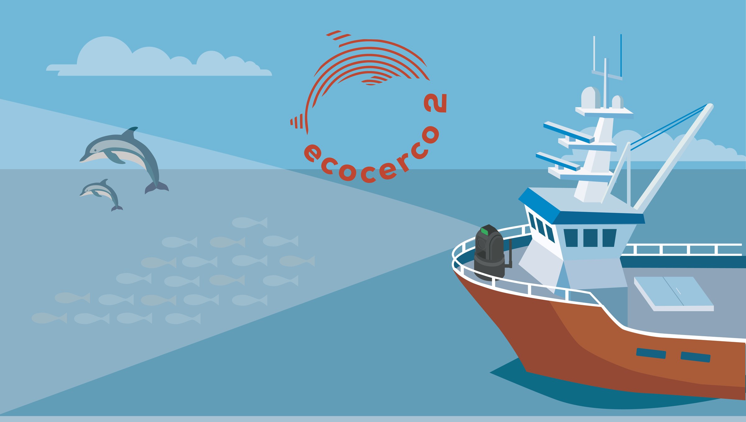 Ilustración del proyecto EcoCerco 2 con buque de pesca, delfines y banco de peces