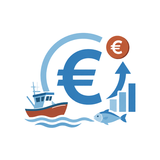 Símbolo de euro, buque, pez y gráfico económico ascendente