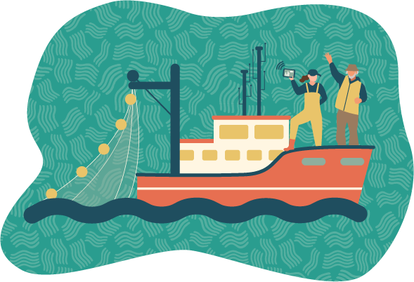 Ilustración principal de MUDARPESCA con barco, marineros, fondo verde y ondas
